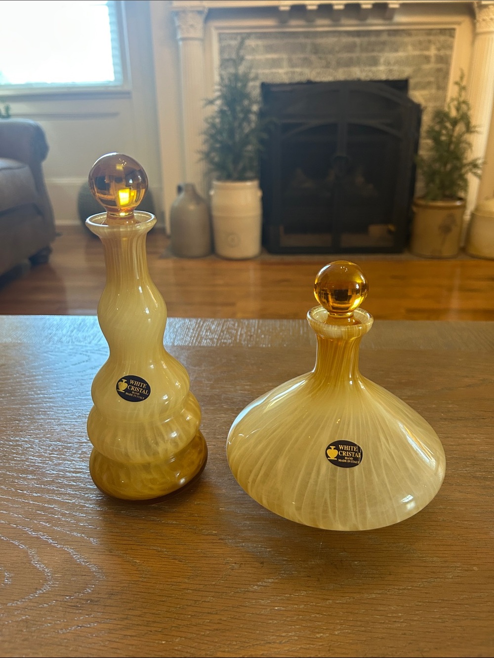 VTG White Cristal Amber & Cream Swirl Glass Decanters with Stoppers